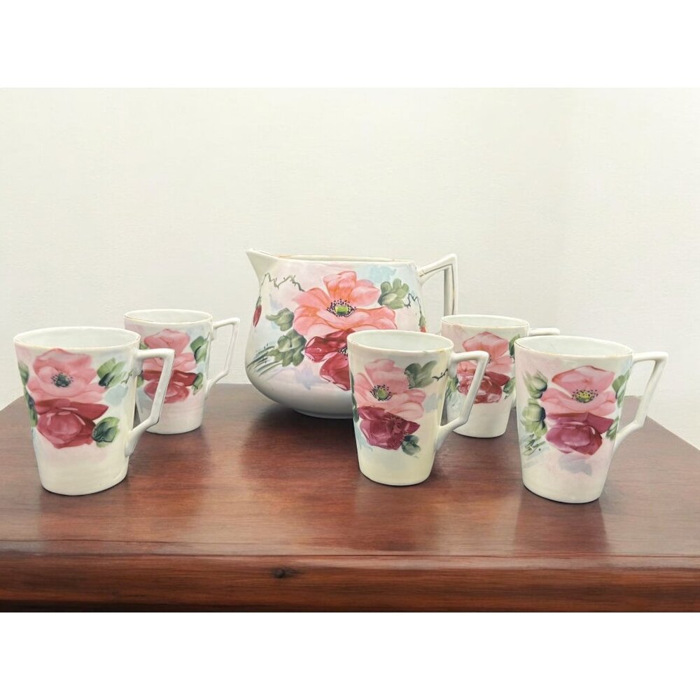 Vintage Japan Porcelain Lemonade Pitcher with 5 cups Hand Painted Floral